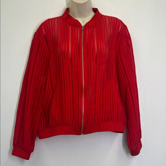 Zara - Red Striped Organza Long Sleeve  Lightweight Zipper Closure Jacket SZ XL - Picture 2 of 9